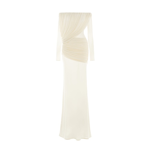 Off shoulder White mesh long sleeve Gown - Picture 2 of 3